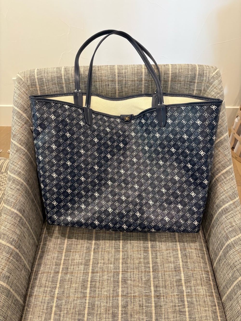 Sam Edelman Navy Monogram Tote with Leather Trim